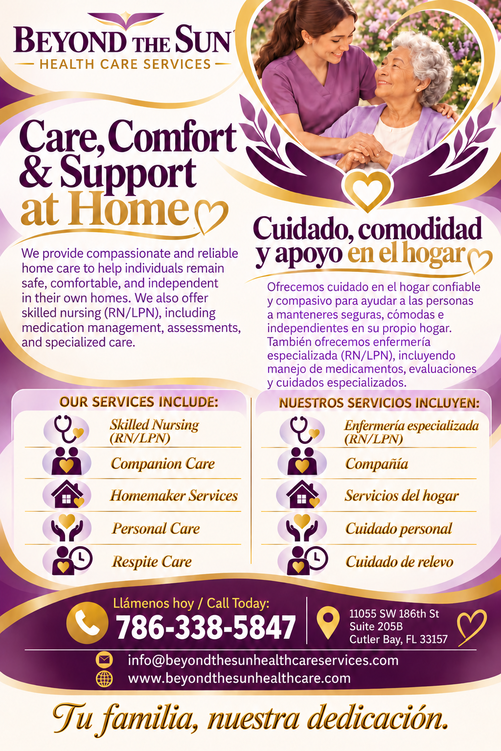 Folleto de Beyond the Sun Health Care Services con cuidadora y mujer mayor