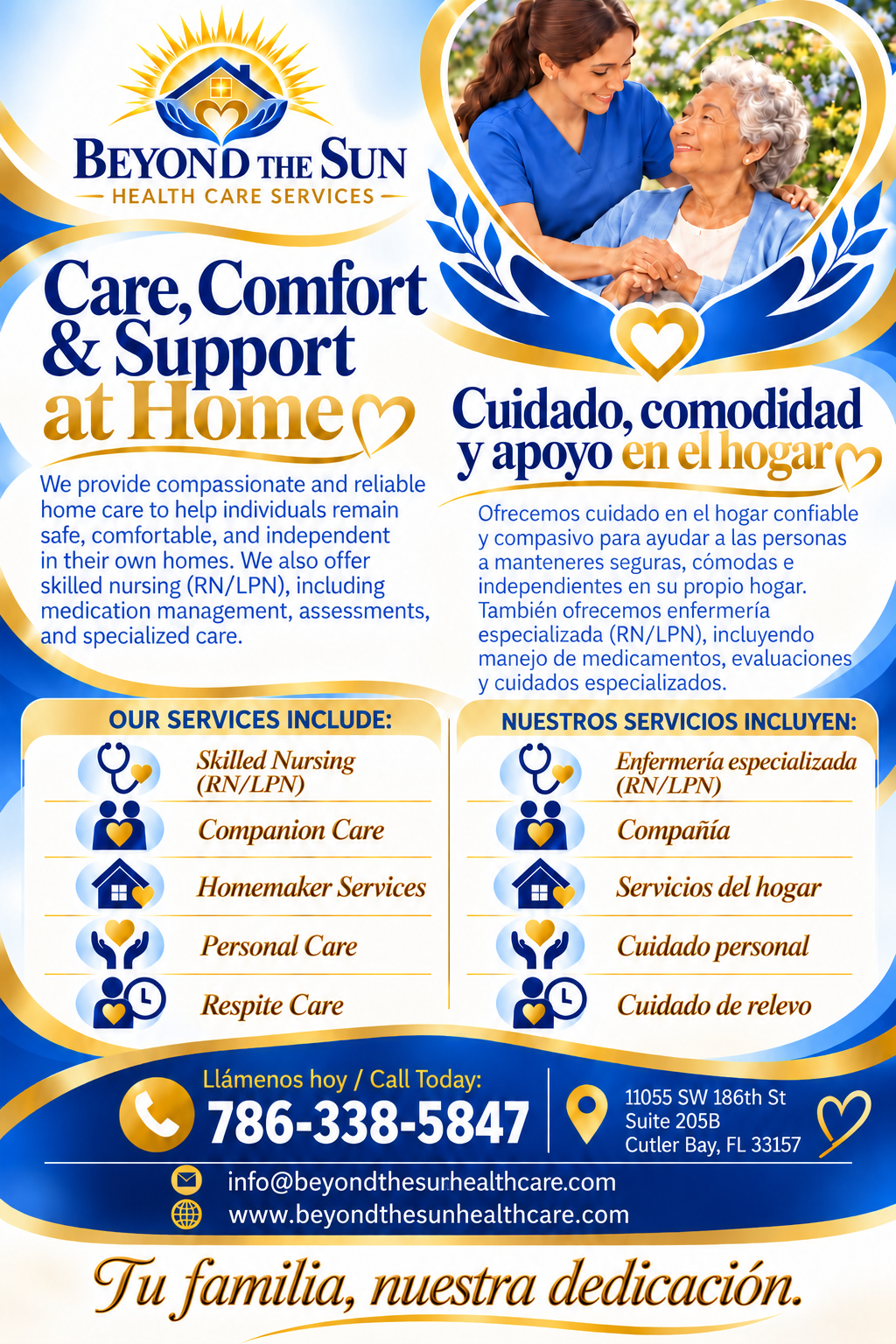 Folleto de Beyond the Sun Health Care Services con cuidadora y mujer mayor